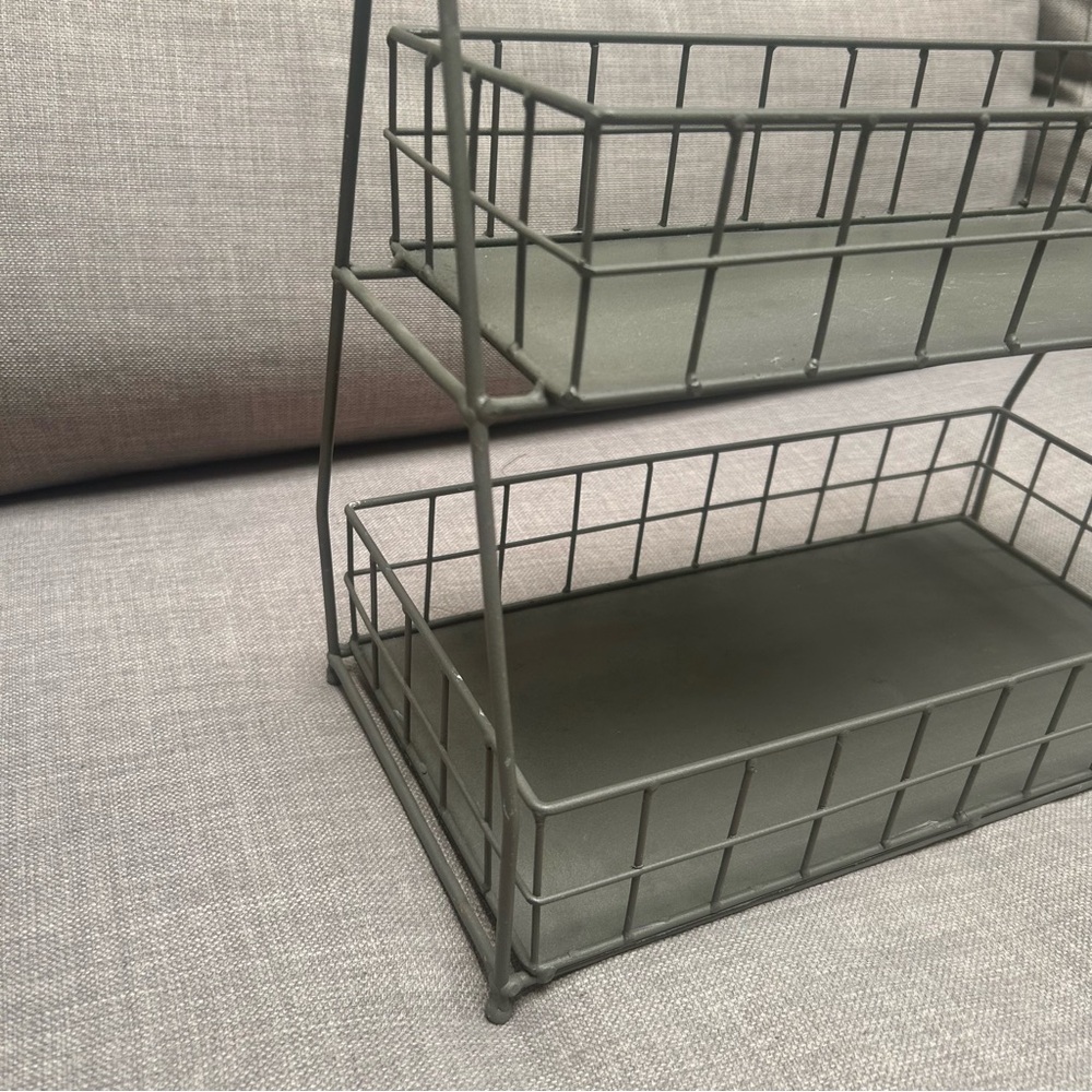 Two-Tier Metal Organizer Etagere Wooden Handle Accents Rustic Industrial#0725258 - Picture 14 of 16